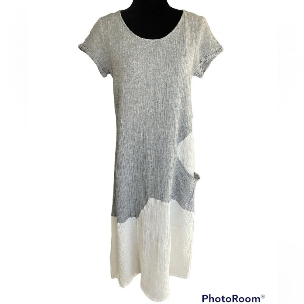 Luukaa Lagenlook Linen Blend Color block Gray Off White Midi Maxi Dress
